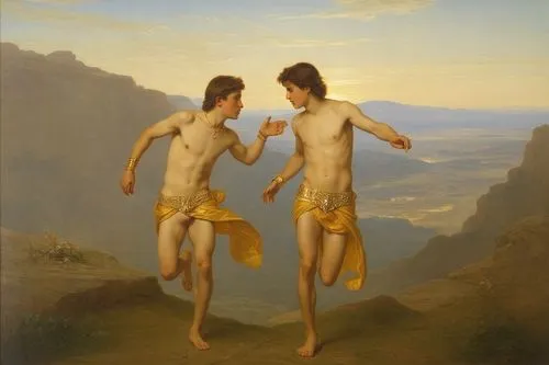 a painting of two men dancing,emmaus,adam and eve,dossi,baptism of christ,satyrs,bathers,Art,Classical Oil Painting,Classical Oil Painting 13