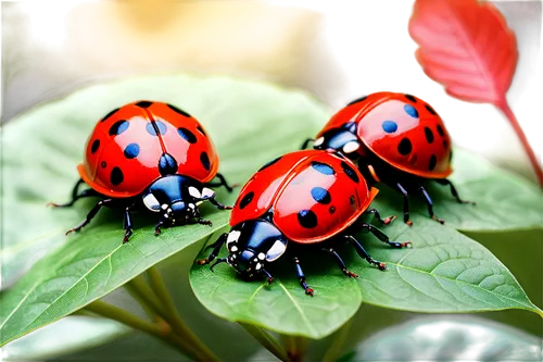 Ladybugs, multiple, colorful, shiny exoskeletons, red and black spots, delicate wings, antennae, green leaf background, natural light, soft focus, 3/4 composition, warm color tone, cinematic lighting.