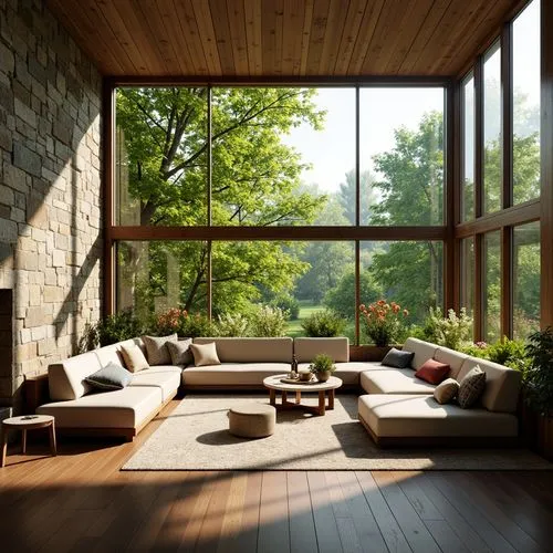 sunroom,wooden beams,wooden windows,wood window,beautiful home,daylighting,living room,roof landscape,hardwood,livingroom,interior modern design,modern living room,wood deck,forest house,home landscape,hardwood floors,family room,wooden decking,contemporary decor,mid century modern