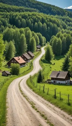 A modern village next to a vast and beautiful European forest, a dirt road and a small wall around this village.,country road,bucovina romania,zlatibor,carpathians,ore mountains,aaa,bukovina,aaaa,buco