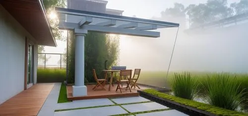 a large yard with lots of green grass,landscape design sydney,landscape designers sydney,garden design sydney,morning mist,morning fog,foggy landscape,Photography,General,Realistic