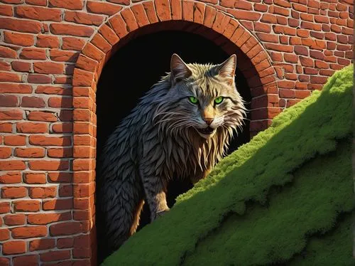 maincoon,redwall,nederpelt,alleycat,siberian cat,alley cat,feral cat,brambleclaw,xanth,kittelsen,cathala,kadyr,british longhair cat,bubastis,felidae,tigerstar,cats on brick wall,gisulf,firecat,grizabella,Art,Artistic Painting,Artistic Painting 08