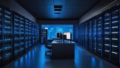 Azure Hipaa Compliant Architecture, modern datacenter, sleek glass walls, silver metal frames, rows of tall servers, blinking blue lights, complex network cables, secure biometric scanners, access con