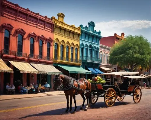 Southern city, warm sunny day, palm trees lining the streets, vibrant colorful buildings, ornate iron balconies, old fashioned street lamps, crowded market square, fruit vendors, antique shops, histor