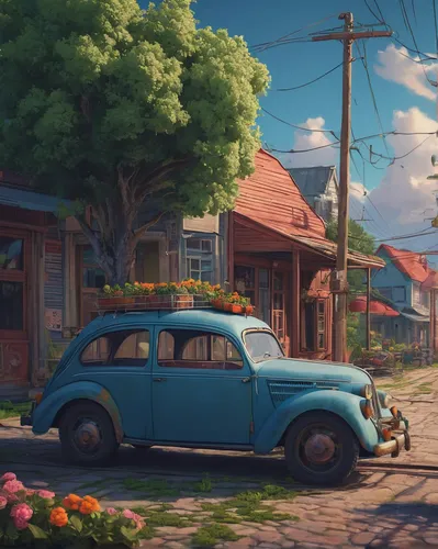 summer evening,flower car,flower delivery,flower shop,summer day,idyllic,rural,neighbourhood,street scene,retro flowers,springtime background,neighborhood,retro vehicle,old car,old vehicle,flower stand,spring background,corner flowers,vintage theme,spring morning,Photography,Documentary Photography,Documentary Photography 16