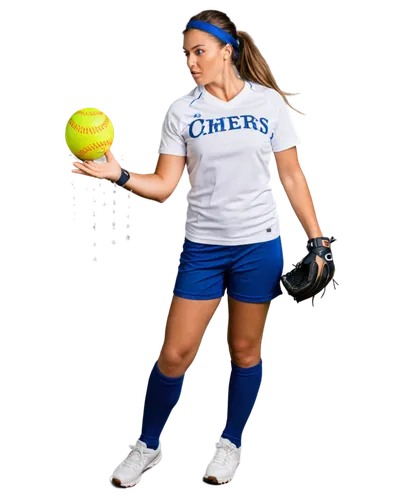 Young woman, athlete, softball player, dynamic pose, throwing motion, athletic wear, white jersey, blue shorts, sports socks, sneakers, softball glove, ball in hand, focused facial expression, ponytai