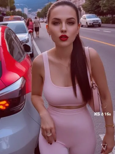 A perky lady on the street in “give me a kiss” mode.,a woman in pink shorts and a  posing by a car,pink car,anfisa,serebro,jorja,rhi,xcx,Photography,General,Realistic