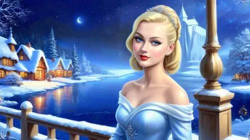 Romantic masterpiece oil painting, cute girl portrait, nostalgic 1950's style kitsch, breathtaking beautiful winter kingdom landscape, majestic fantasy scenery, evening lighting, highly detailed highr