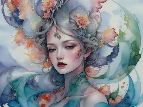 amazing fractal,woman with flowered hair in the foreground,fairie,melusine,amphitrite,faery,naiad,persephone,Illustration,Realistic Fantasy,Realistic Fantasy 15