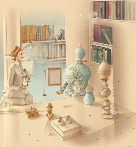 2 figures Bell and Hertz discuss books at shelf and how to distribute with classic decor diamond light diffract,the little girl's room,snow globes,blue room,bookshelves,snowglobes,orrery,dollhouse acc