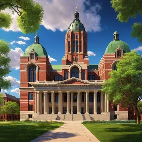 Nebraska State Capitol building, University of Nebraska Lincoln campus, modern collegiate Gothic architecture, grand entrance with stone columns, intricate carvings, stained glass windows, red brick f