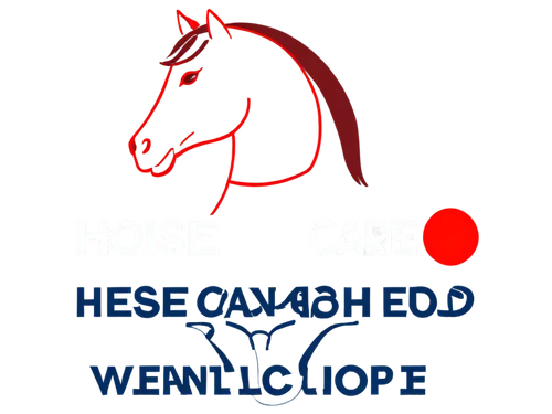 Horse care logo, horse head silhouette, gentle eyes, flowing mane, subtle smile, shiny coat, veterinary symbol, red cross, stethoscope, blue circle background, simple outline, modern typography, bold 