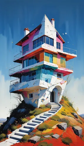 Contemplate a highly detailed digital painting of a unique, quirky house perched atop a solitary hill, constructed entirely from dizzying shards of delicate porcelain that twinkle under the strokes of