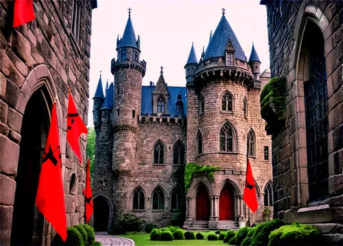 Medieval castle, grandiose, stone walls, tall towers, red flags, Gothic windows, intricate carvings, moss-covered stones, mysterious atmosphere, warm lighting, 3/4 composition, shallow depth of field,