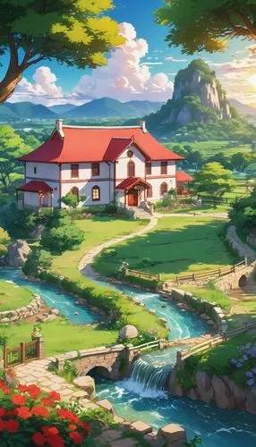 landscape background,golf course background,butka,ghibli,studio ghibli,home landscape,Illustration,Japanese style,Japanese Style 03