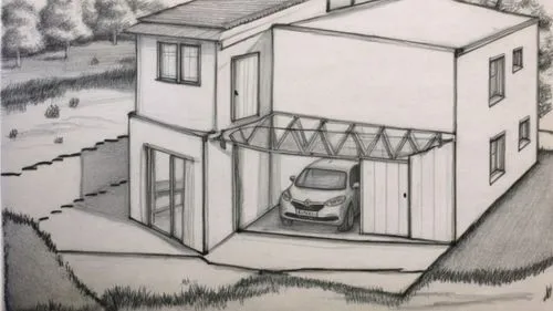 make a sketch, potloot geen kleur, rechte lijnen,a drawing of an apartment building next to a road,house drawing,small house,escher,camera illustration,inverted cottage,hand-drawn illustration,Illustr