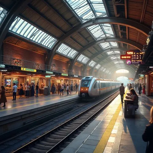 Vibrant train station, bustling urban atmosphere, eclectic mix of modern and industrial elements, exposed brick walls, metallic accents, neon signage, dynamic lighting, sleek glass roofs, curved archi