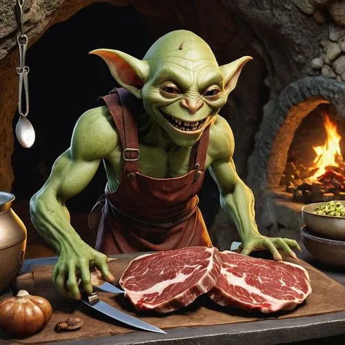 Draw a small, green-skinned goblin who is a butcher's apprentice. The goblin is about two and a half feet tall, with pointy ears and large, sharp teeth always visible in a wide grin. His hands are usu