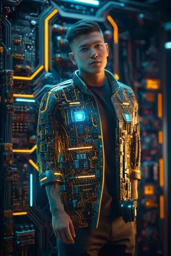 a male in a blue and yellow printed jacket standing against a large dark background,markus,technirama,cyberian,zeqiri,cyborg,cybersmith,Photography,General,Sci-Fi