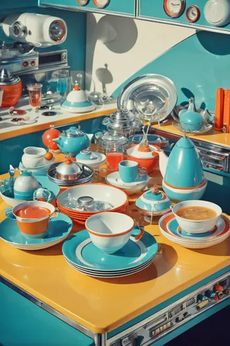 Craft a sci-fi scenario featuring futuristic vintage dishes.,retro diner,vintage dishes,vintage kitchen,kitchenware,dishes,tableware,big kitchen,star kitchen,cinema 4d,dishware,serveware,kitchenette,b