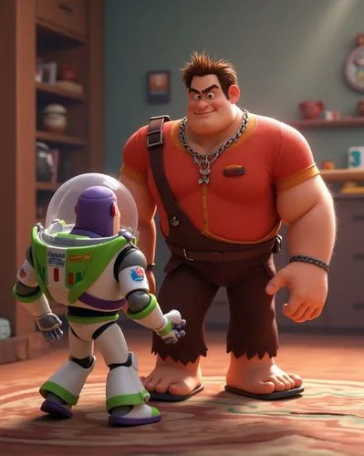 Wreck-It Ralph with Buzz Lightyear and ready to attack each other, Nintendo background, original disney characters, pixar 3D characters, realistic animation, cinematic video,two animated characters on