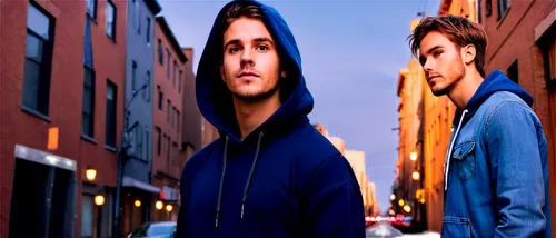 Man, casual wear, hoodie, athletic build, relaxed posture, messy hair, stubble, intense gaze, black sneakers, denim jeans, urban setting, warm lighting, shallow depth of field, 3/4 composition, cinema