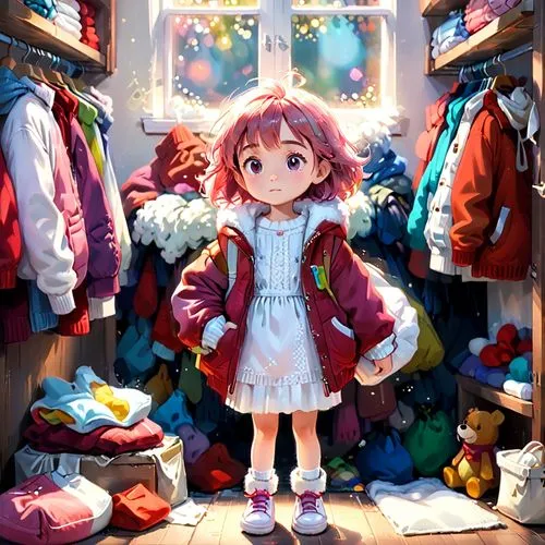 the closet is filled with thousands of colorful coats, all filled to the brim with the warmth of sunlight. A little girl's dress is a mix of warm pink and white, and her arms are crossed as she takes 