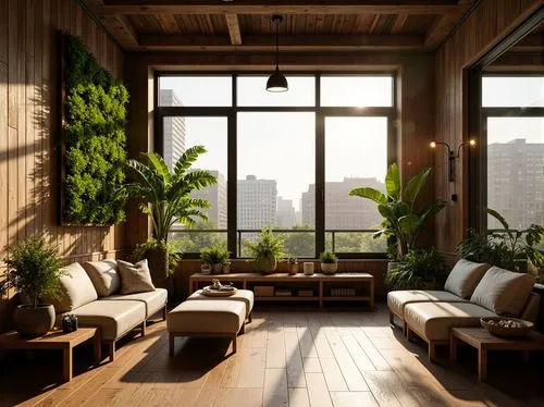 sunroom,living room,livingroom,loft,apartment lounge,balcony garden,sitting room,indoor,roof landscape,modern living room,apartment,roof garden,wooden windows,house plants,modern room,3d rendering,block balcony,roof terrace,an apartment,houseplants