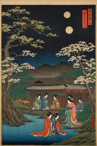 cool woodblock images,oriental painting,night scene,honzen-ryōri,lake tanuki,woodblock prints,japanese art,tsukemono,shakuhachi,hunting scene,the golden pavilion,geomungo,yi sun sin,luo han guo,motifs of blue stars,ginkaku-ji,lanterns,golden pavilion,khokhloma painting,erhu,Illustration,Realistic Fantasy,Realistic Fantasy 26