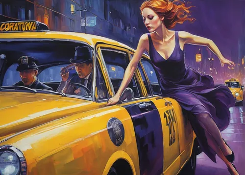 yellow taxi,cab driver,new york taxi,taxi,taxi cab,woman in the car,yellow cab,pedestrian,a pedestrian,cabs,pedestrians,taxicabs,girl and car,yellow car,city car,la violetta,girl in car,ann margarett-hollywood,traffic cop,taxi sign,Illustration,Realistic Fantasy,Realistic Fantasy 30