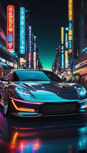 Cool car designs, low-angle shot, sleek sports car, metallic paint, chrome wheels, neon lights, urban cityscape, night scene, blurred motion effect, shallow depth of field, vibrant colors, glossy refl