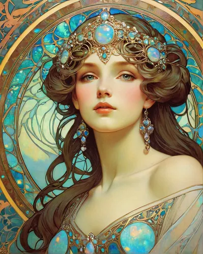 art nouveau,mucha,fantasy portrait,art nouveau design,faery,golden wreath,faerie,art nouveau frame,amano,mystical portrait of a girl,art nouveau frames,flora,fairy queen,girl in a wreath,dryad,fantasy art,jasmine blossom,rusalka,zodiac sign libra,fae,Illustration,Retro,Retro 03