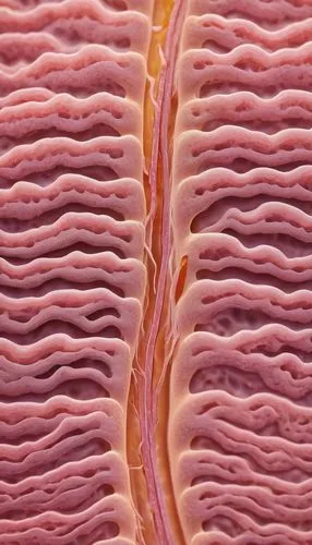 Microscopic view, duodenum, intestinal mucosa, intact villous architecture, finger-like projections, numerous microvilli, light pinkish color, smooth surface, detailed texture, soft focus, warm lighti