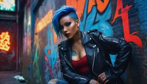 punk,blue hair,denim background,alleyway,alley,harley,renegade,cyberpunk,femme fatale,mohawk,red blue wallpaper,denim jacket,graffiti,leather jacket,pompadour,jeans background,harley quinn,grunge,electric blue,toni,Conceptual Art,Fantasy,Fantasy 05