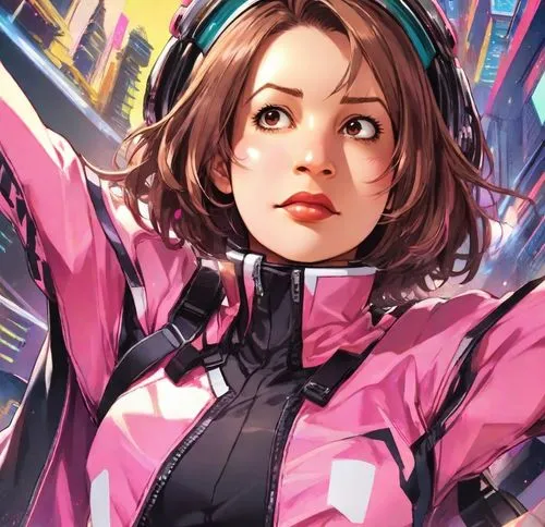 magenta,nora,nova,cyberpunk,pink vector,cg artwork,japanese sakura background,cyborg,rosa ' amber cover,mari makinami,operator,pink background,sakura background,x-men,pink quill,nico,hk,persona,head woman,jacket,Digital Art,Anime