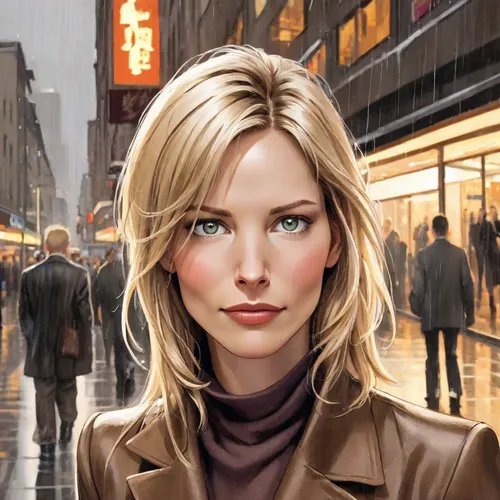 sci fiction illustration,blonde woman,sarah walker,city ​​portrait,blue jasmine,world digital painting,blonde girl,blond girl,pedestrian,portrait background,a pedestrian,manhattan,shopping icon,book cover,the girl at the station,vesper,the blonde in the river,white-collar worker,cigarette girl,agent,Digital Art,Comic