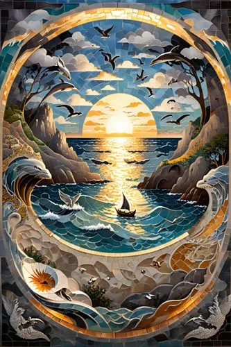 wind rose,gillmor,sea fantasy,sea landscape,motif,atlanticus,porthole,whirlwinds,seascape,mermaid background,bathysphere,dieckmann,navigant,compass rose,navigare,latitudes,birds of the sea,earthsea,glass signs of the zodiac,ocean background,Illustration,Retro,Retro 13