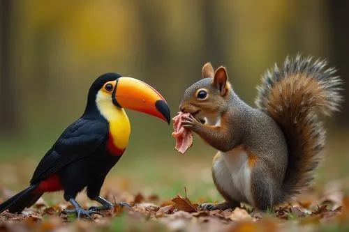 a squirrel sharing bacon with a toucan,a squirrel sharing bacon with a toucan,gourmand,funny animals,love bird,frugivore,mouthfuls,courtship,Photography,Documentary Photography,Documentary Photography