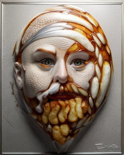 glass painting,painted eggshell,bodypainting,baked alaska,head of garlic,meerschaum pipe,venetian mask,tea art,egg face,enamelled,fractalius,galette des rois,art nouveau frame,body painting,sfogliatelle,danish pastry,golden mask,glass ornament,decorative art,porcelaine,Realistic,Foods,Fish And Chips