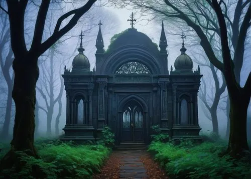 haunted cathedral,forest chapel,gothic church,mausoleum ruins,witch's house,ravenloft,witch house,gothic,gothic style,graveyards,shadowgate,cemetary,old graveyard,necropolis,crypts,mausolea,cemetry,forest cemetery,sepulchre,dark gothic mood,Art,Classical Oil Painting,Classical Oil Painting 15