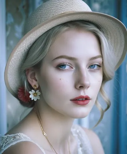 Close-up portrait of a young woman with striking features, displaying a thoughtful or introspective expression. Her face is highlighted by bright blue eyes, red lipstick, and delicate freckles dusting