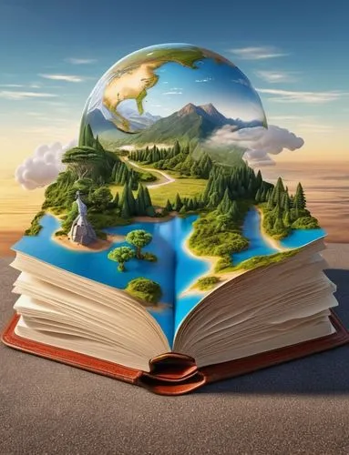 livro aberto com montanhas e rios e uma cidade ,   globo terrestre ao fundo ,magic book,publish a book online,publish e-book online,spiral book,ecological sustainable development,turn the page,book el