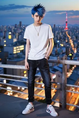 anime, boy, blue spiky hair, bright piercing eyes, pale skin, slender build, casual wear, white graphic t-shirt, dark blue jeans, black sneakers, standing, urban street, Tokyo cityscape, evening, suns