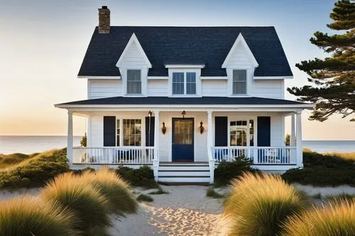 Cape Cod style, beach house, white wooden facade, blue shutters, dormer windows, cedar shingle roof, wraparound porch, wooden rocking chairs, nautical decorations, seashell wind chimes, lanterns, ocea