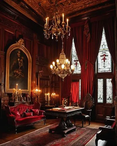 Gothic, mysterious, dimly lit, luxurious interior, dark wood paneling, intricate carvings, crimson red velvet curtains, ornate chandeliers, grandiose furniture, stone walls, stained glass windows, hea