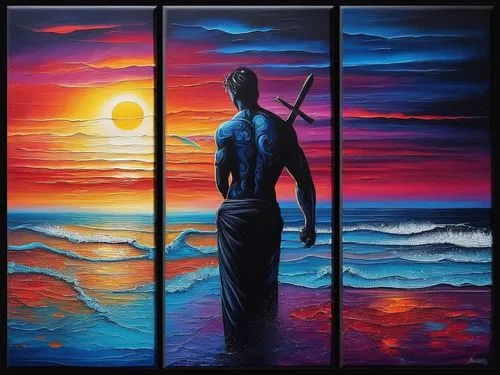 man at the sea,poseidon,oil painting on canvas,dubbeldam,orishas,god of the sea,el mar,glass painting,pescadores,art painting,indigenous painting,samuil,aquaman,zatoichi,fantasy art,fisherman,sea god,pescador,silhouette art,fishermen,Illustration,Realistic Fantasy,Realistic Fantasy 25