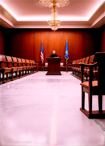 Courtroom interior, wooden podium, judge's bench, rows of wooden chairs, marble floor, high ceiling, grand chandelier, solemn atmosphere, warm lighting, shallow depth of field, realistic texture, deta