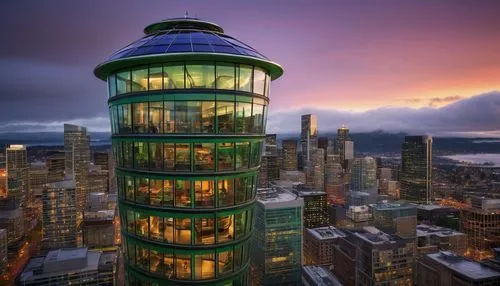 Hybrid architecture, Seattle cityscape, modern skyscraper, glass and steel structure, curved lines, green roof, solar panels, raindrop-patterned windows, sleek elevator, bustling streets, people walki