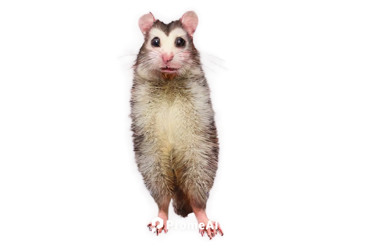 North American opossum, white face, pointed snout, beady eyes, grey fur, fluffy tail, standing on hind legs, front paws together, nocturnal, moonlight, soft focus, shallow depth of field, warm color t