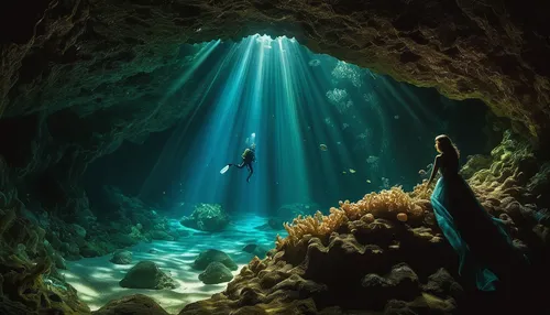 sea cave,cave on the water,cenote,underwater landscape,blue cave,ocean underwater,underwater oasis,undersea,underwater background,underwater diving,freediving,scuba diving,underground lake,underwater world,under water,ocean floor,sea caves,under the water,rays,underwater,Illustration,Retro,Retro 02